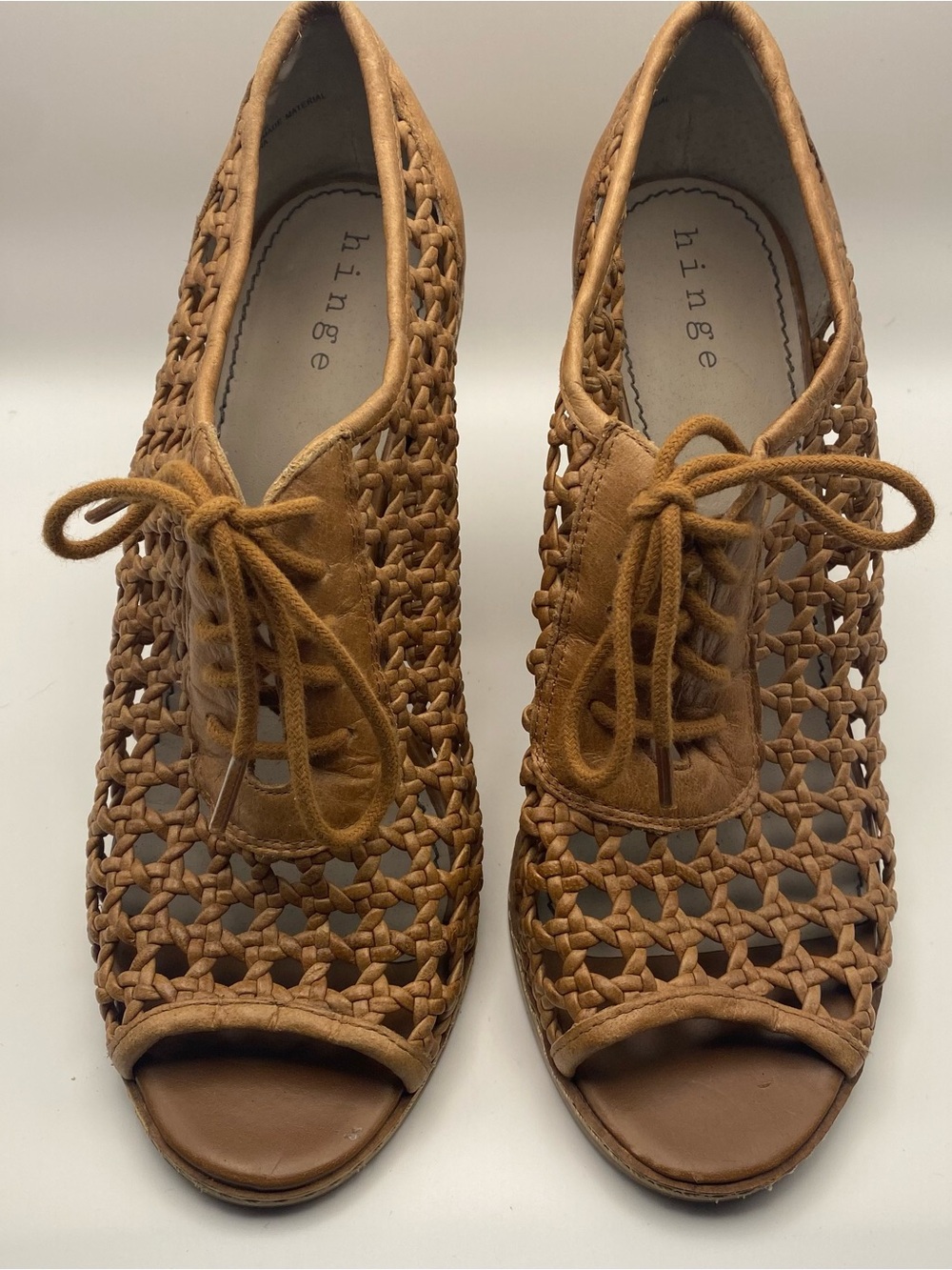Hinge tan leather open lattice woven lace up peep toe heels boho cottage 9